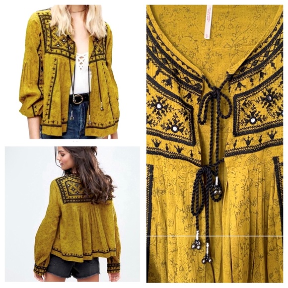 Free People Twilight Embellished Cotton Jacket yellow mustard color Size XS - Picture 2 of 14